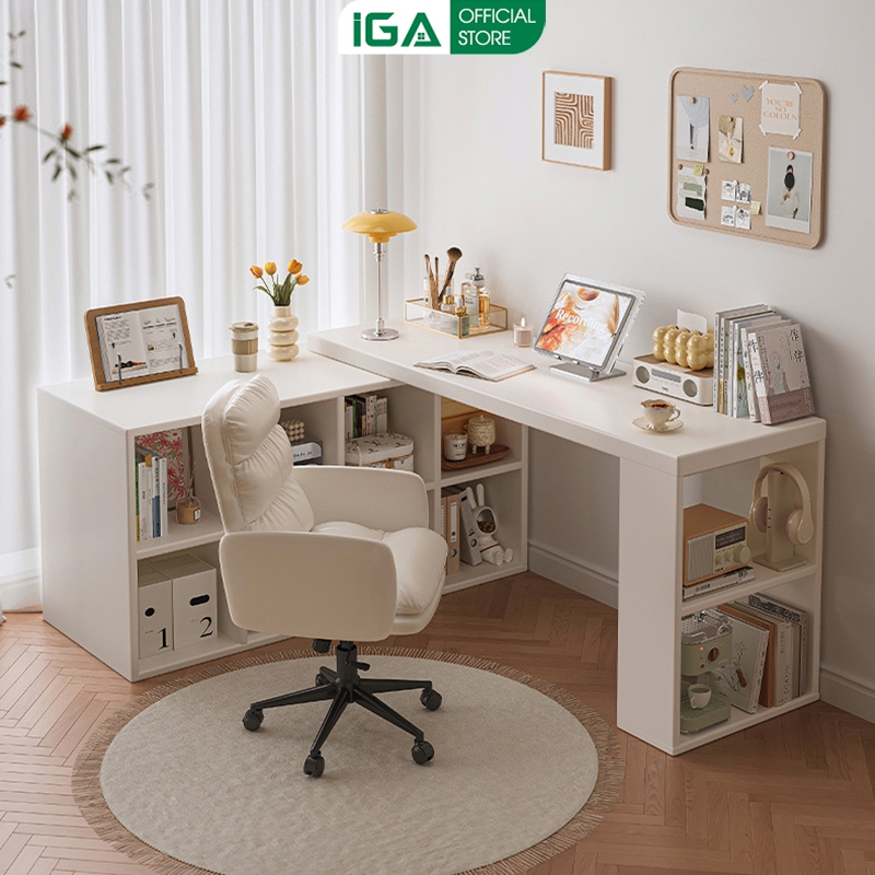 Bàn làm việc kết hợp tủ sách chắc chắn chất liệu gỗ MDF màu full trắng thương hiệu IGA - GP368