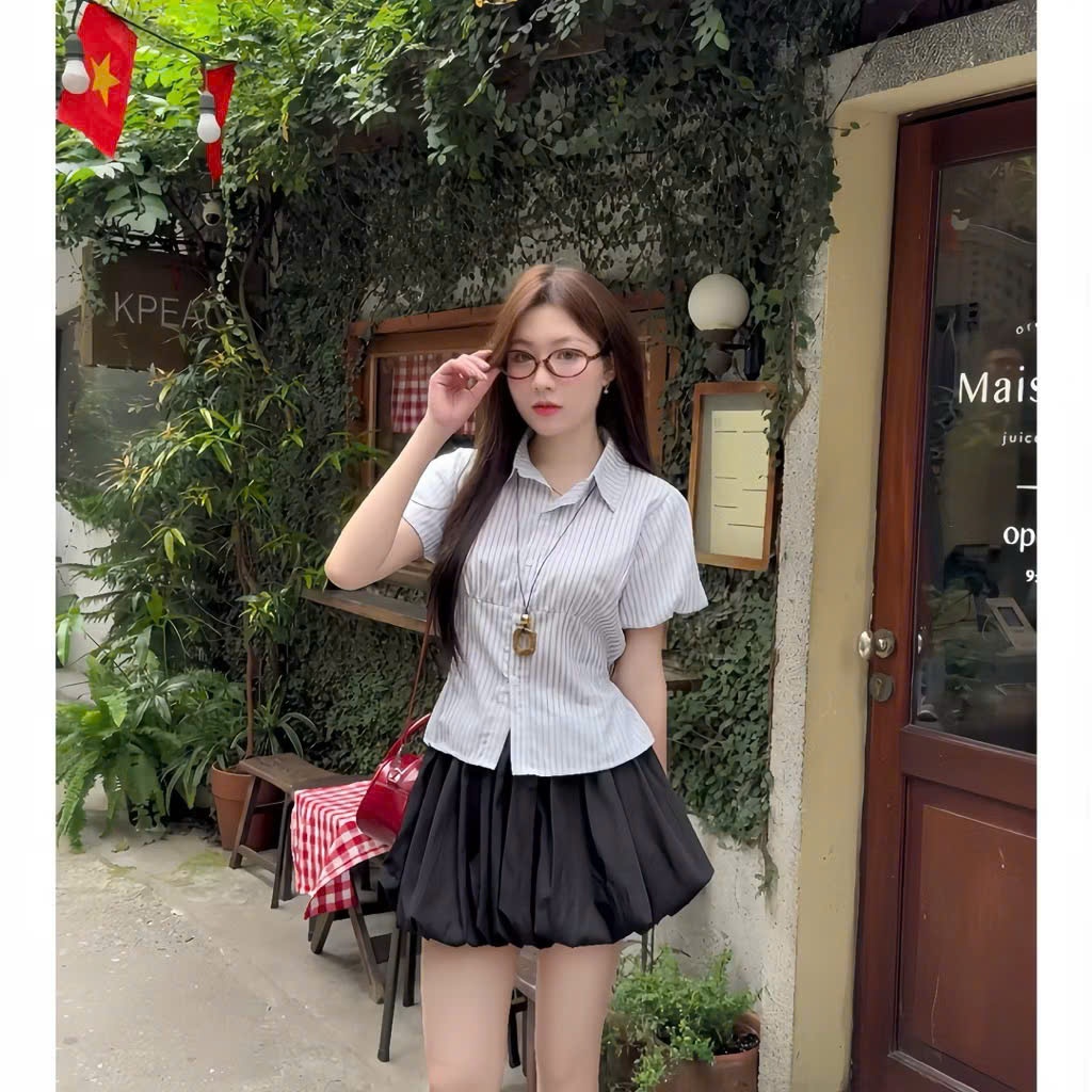 Áo sơ mi kẻ tay phồng dáng ngắn có dây thắt sau lưng chất thô linen cao cấp A285 SUTANO | BigBuy360 - bigbuy360.vn