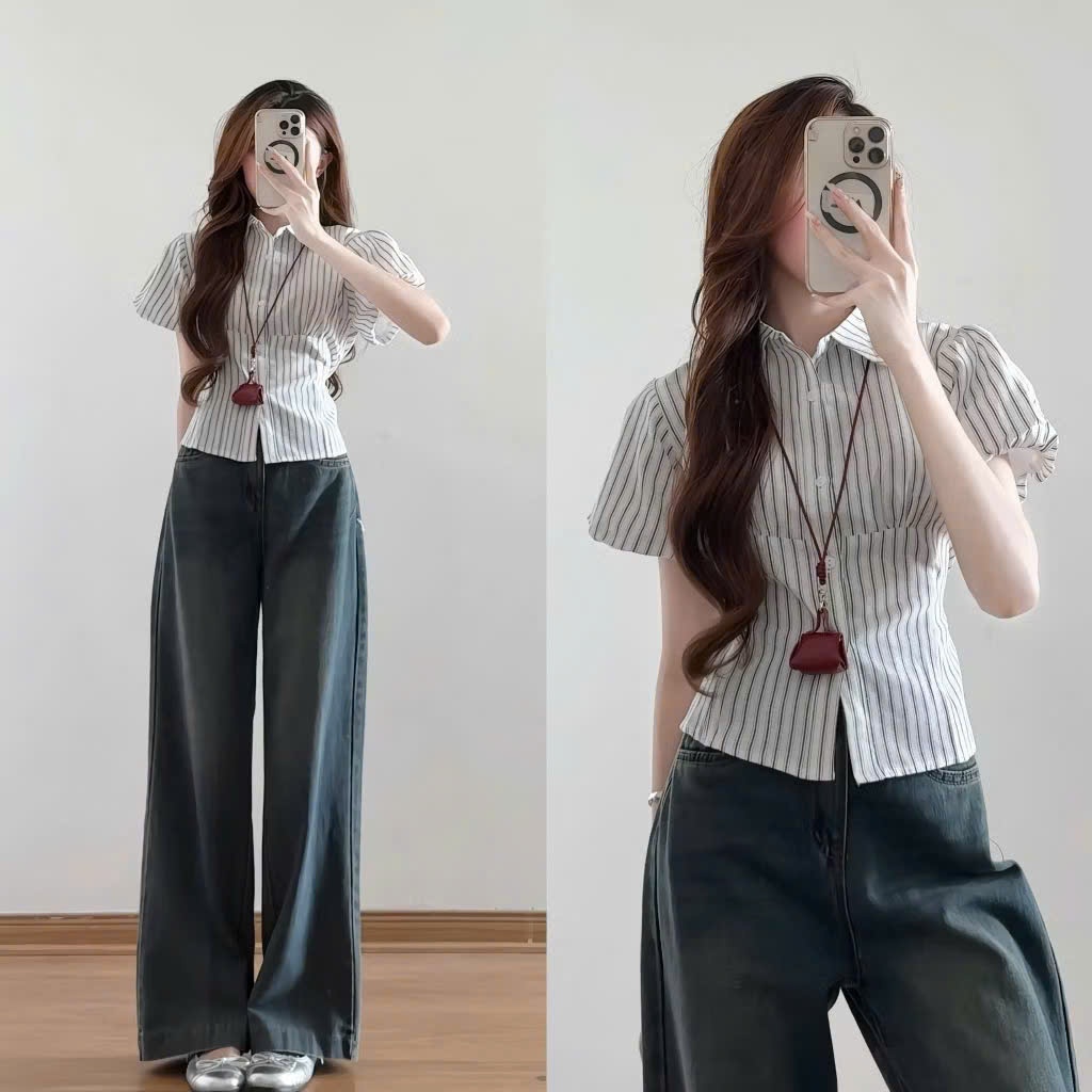 Áo sơ mi kẻ tay phồng dáng ngắn có dây thắt sau lưng chất thô linen cao cấp A285 SUTANO | BigBuy360 - bigbuy360.vn