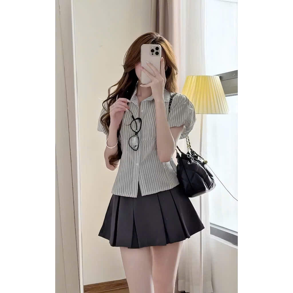 Áo sơ mi kẻ tay phồng dáng ngắn có dây thắt sau lưng chất thô linen cao cấp A285 SUTANO | BigBuy360 - bigbuy360.vn