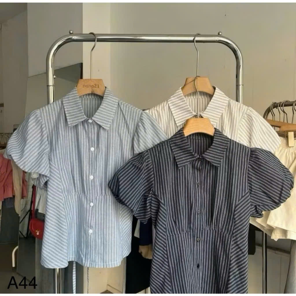 Áo sơ mi kẻ tay phồng dáng ngắn có dây thắt sau lưng chất thô linen cao cấp A285 SUTANO | BigBuy360 - bigbuy360.vn
