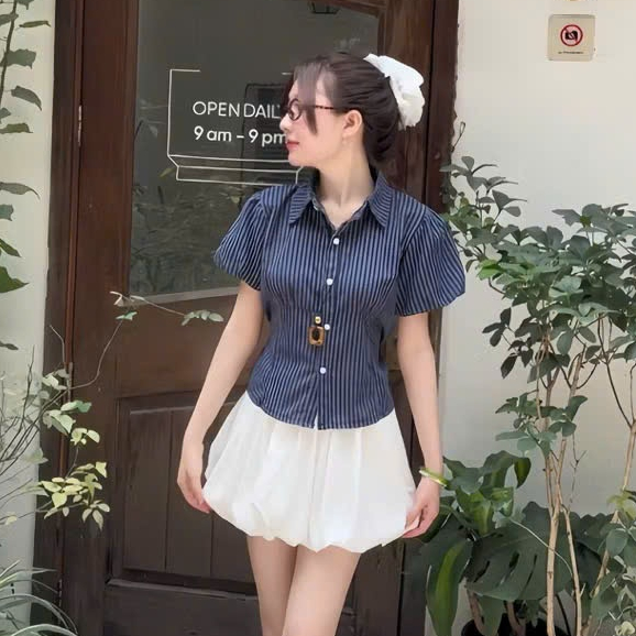 Áo sơ mi kẻ tay phồng dáng ngắn có dây thắt sau lưng chất thô linen cao cấp A285 SUTANO | BigBuy360 - bigbuy360.vn