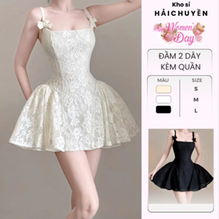 Đầm 2 dây xoè ren ngắn 4lớp nơ KÈM QUẦN kho sỉ hải chuyền Đ638