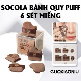  Bông Mút Trang Điểm Socola GUOXIAONIU – Hộp 6 Miếng Size Lớn Mềm Mịn Không Ăn Phấn Dễ Tán 