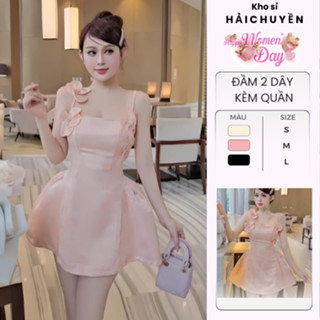 Đầm 2 dây xoè bồng hoa KÈM QUẦN kho sỉ Hải Chuyền Đ372