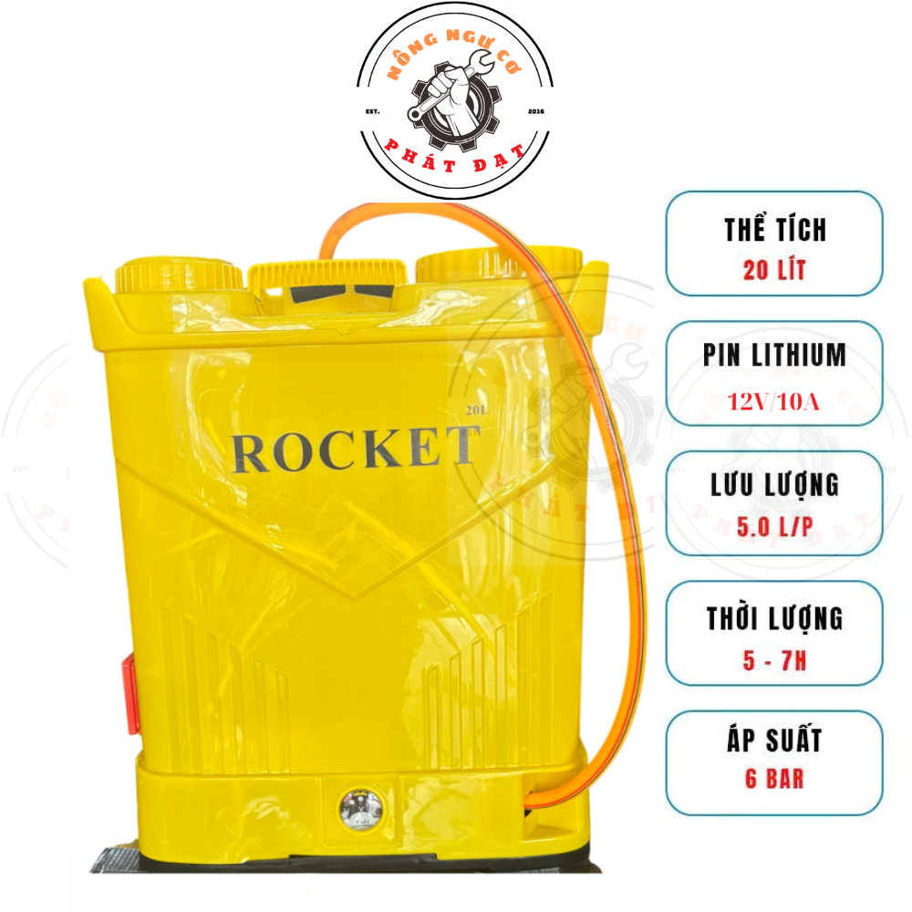 Bình xịt điện ROCKET PIN LITHIUM 12V10A,  20 LÍT, siêu nhẹ chỉ 3.5kg, mạnh, bền, thời gian dùng lâu