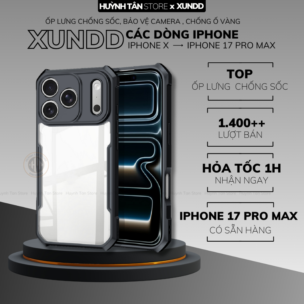 Ốp lưng ĐT iphone 17 16 pro max ip 15 14 13 X XS XR XUNDD trong suốt chống sốc chính hãng huỳnh tân
