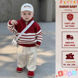 Áo Len Đỏ Cho Bé, Phối Kẻ Trắng Dày Dặn Có Khoá Kéo Phong Cách Hàn Quốc Dabun