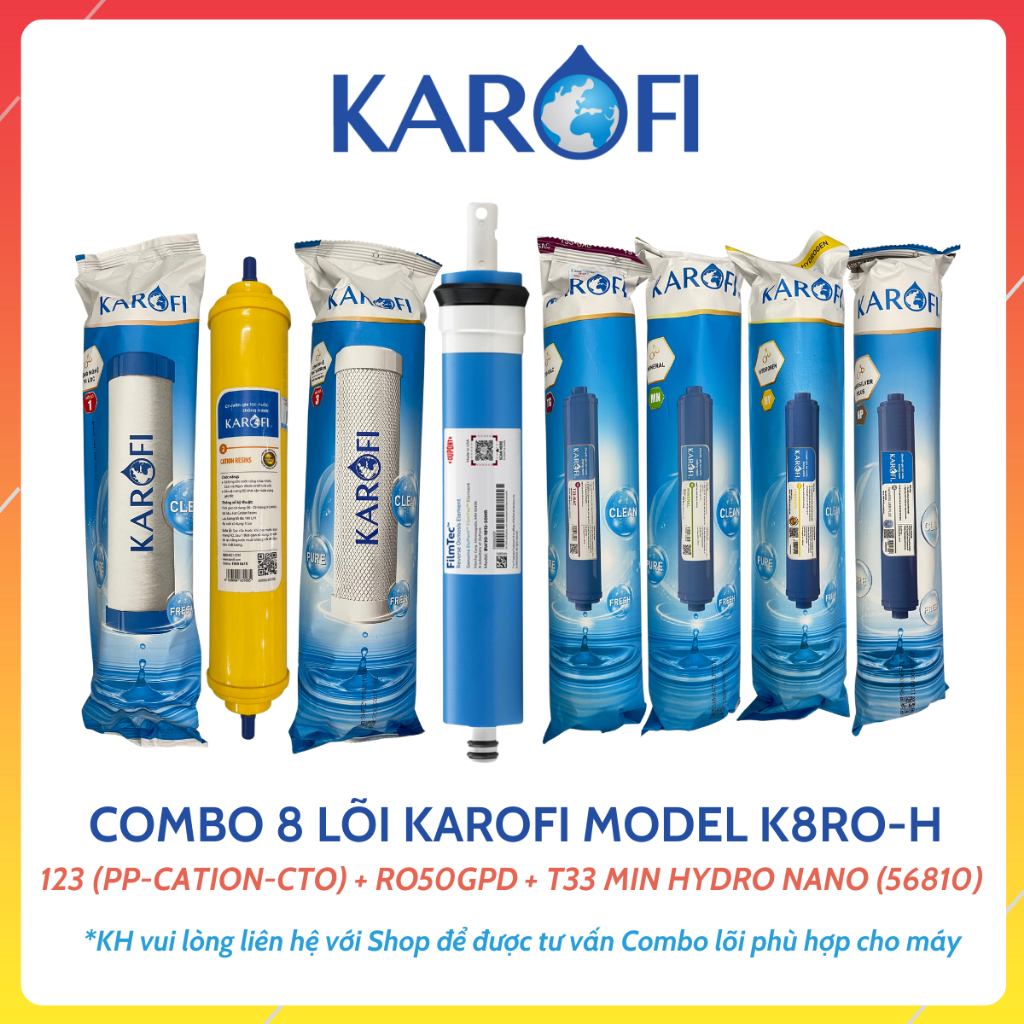 Combo 8 Lõi Lọc Nước Karofi Gồm Bộ Thô 123 (Lõi 2 Cation Nhỏ) + Màng RO Dupont 50GPD + 4 Lõi Chức Nă
