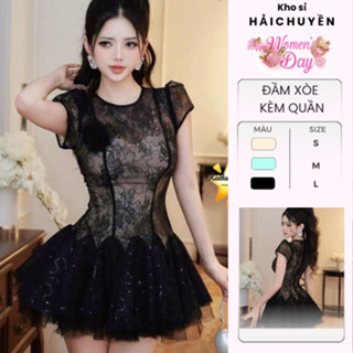 [BST MỚI] Đầm xoè form ngắn bồng xoè hoa kim tuyến KÈM QUẦN kho sỉ Hải Chuyền Đ833