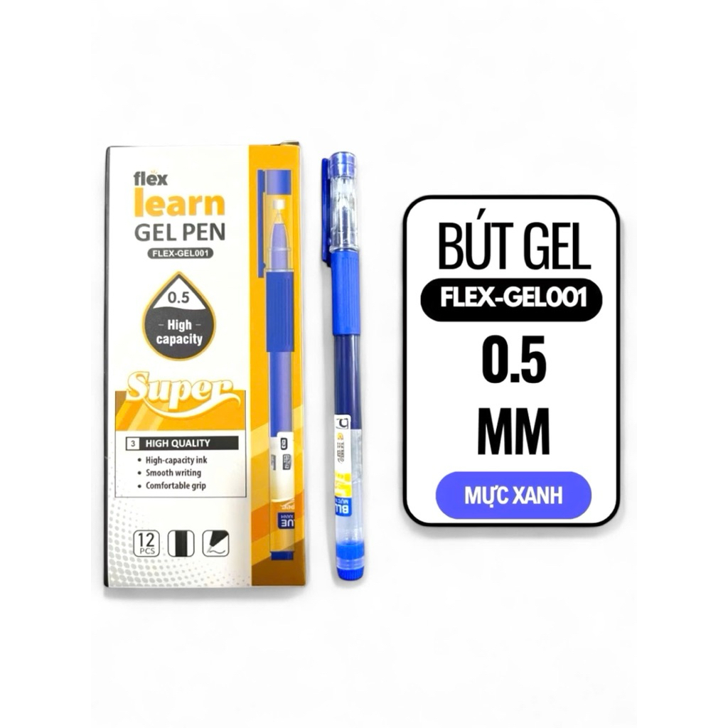 Combo 12 Bút Gel Flex-Gel001 – Ngòi 0.5mm – Mực Xanh/Đen/Tím Viết Êm