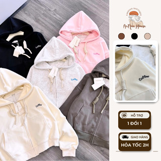 Áo khoác Hoodies nữ thêu chữ Coffee ANNA HOUSE Áo hoodies zip chất nỉ Hàn dày dặn form boxy mũ to có khóa kéo