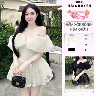 [HÀNG 4 LỚP] Đầm xoè bẹt vai bèo bồng ren KÈM QUẦN kho sỉ Hải Chuyền Đ177