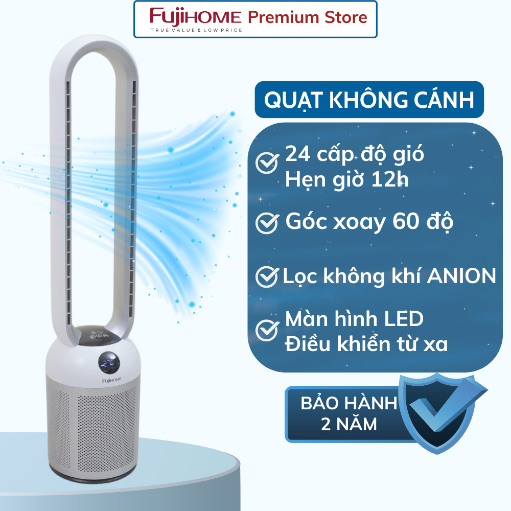 Quạt không cánh FUJIHOME BF307DC tích hợp lọc không khí bằng ion, màng lọc Ion bạc - Bảo hành 24 thá