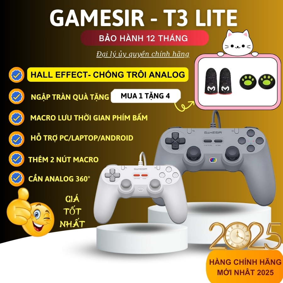 🎁Tặng Bọc Joystick🎁Tay Cầm Chơi Game GameSir T3 LITE Chính Hãng 1000Hz, Hall Effect Chơi Game FCO, PC, LAPTOP 2025