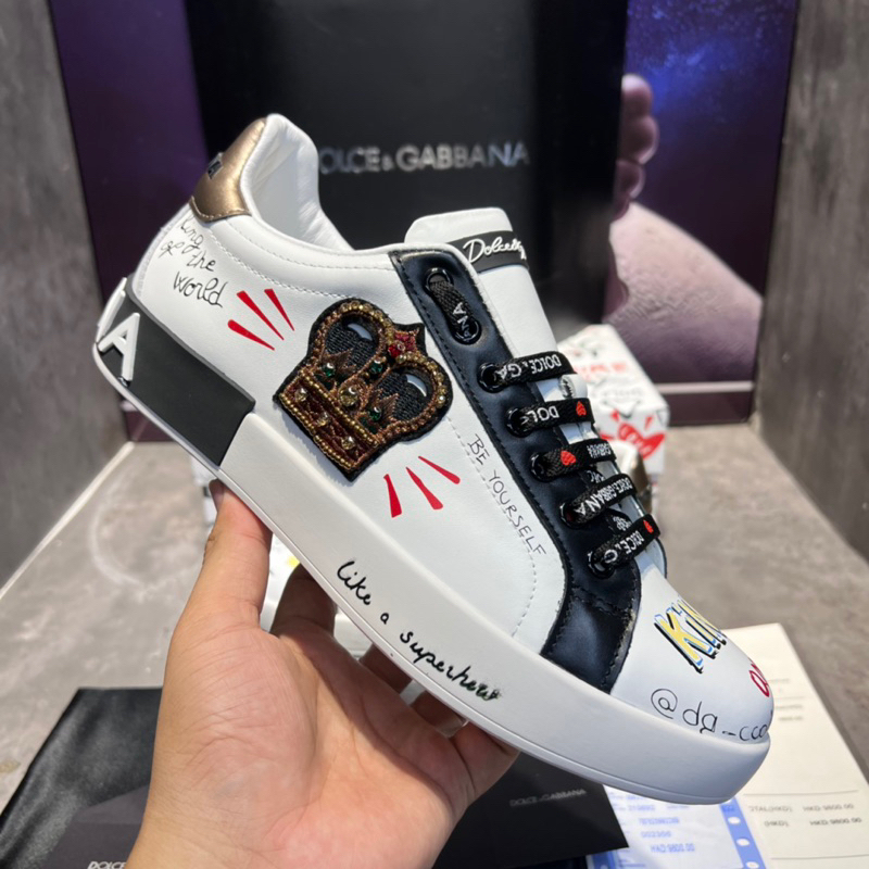 Giày Thể Thao Nam Trắng Thêu Vương Miện Đá Vàng Monogram Giày Nam Nữ Đế Độn Bản Đẹp Đi Học Đi Chơi