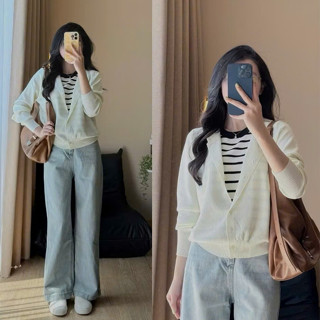  Set áo cardigan nữ kèm tank top kẻ thời trang Hàn Quốc Retrostyle áo khoác len mỏng form rộng hàng QC hot trend 2205 