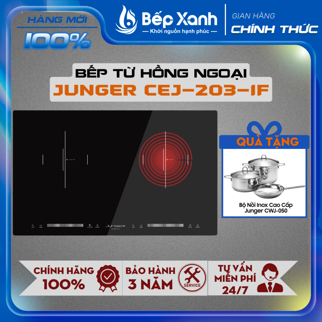 [TẶNG BỘ NỒI CWJ-050] Bếp Từ Hồng Ngoại Junger CEJ-203-IF - Inverter - Công Suất 4200W - Xuất Xứ Thá