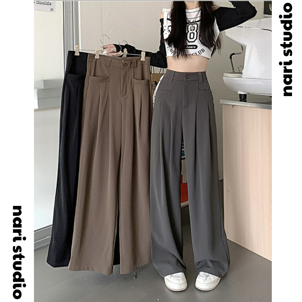 (100% Vải tuyết mưa loại đẹp) Quần suông ống rộng cạp cao khuy trước kèm túi, Quần vải lưng cao 4 màu M65