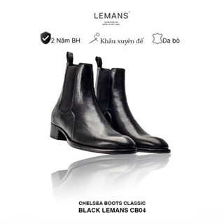 Giày da bò nguyên tấm Chelsea Boots Classic Black LeMans CB04 nam mũi nhọn, gót tăng cao 5cm, bảo hành 24 tháng