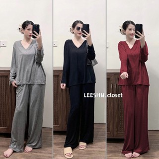 (MÃ MỚI) Bộ thun lạnh tay dài CỔ TIM có Bigsize,Bộ ủ kem áo tay dài quần ống suông rộng Leeshu vải thun lạnh cotton mềm