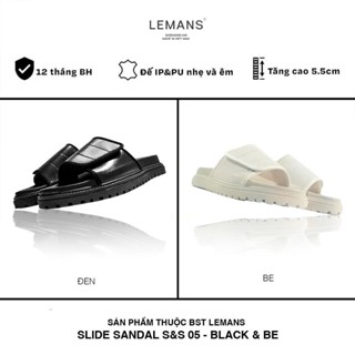 Dép LEMANS SLIDE SANDAL 3.S&S05 - Black  tăng cao, đế 2 lớp cao 5.5cm, mũ may 3 lớp quai ngang dán, Bảo hành 12 tháng
