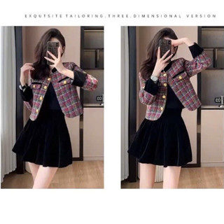   s11 Áo khoác dạ tweed nữ kẻ đỏ 2 nắp túi sang trọng 