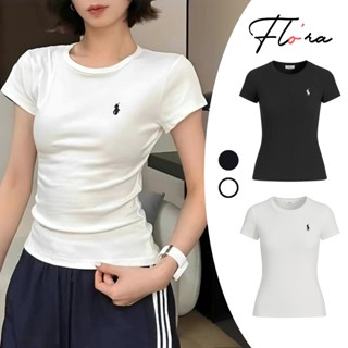 Áo Babytee Tay Ngắn CỔ TRÒN THÊU NGỰA DÁNG DÀI Chất Gân DD37,Áo Thun Nữ Kiểu Chiết Eo Ôm Body Flo'ra