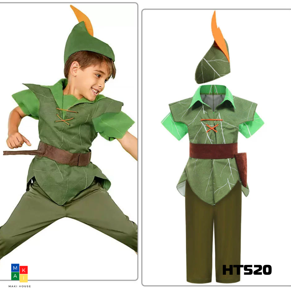Quần áo trẻ em halloween hoạt hình độc lạ hoá trang Maki Peter Pan .Thợ Săn rừng xanh