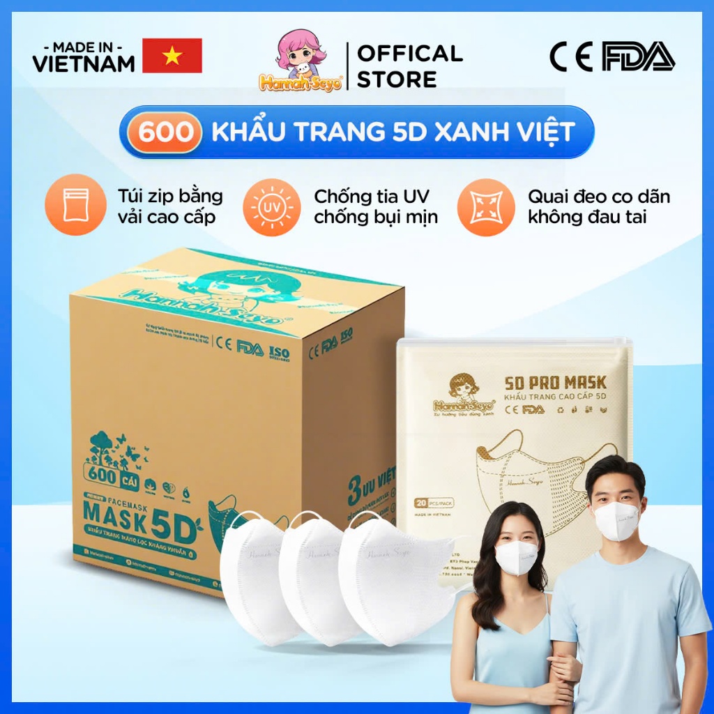 600 Chiếc Khẩu Trang 5D Chống Tia UV, Chống Nắng, Bụi Mịn, Dày Dặn 3 Lớp Hannah Seyo