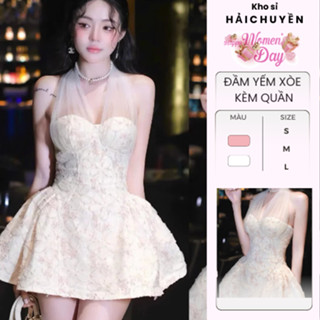 Đầm yếm ngắn xoè hoa ren nổi KÈM QUẦN kho sỉ hải chuyền Đ820