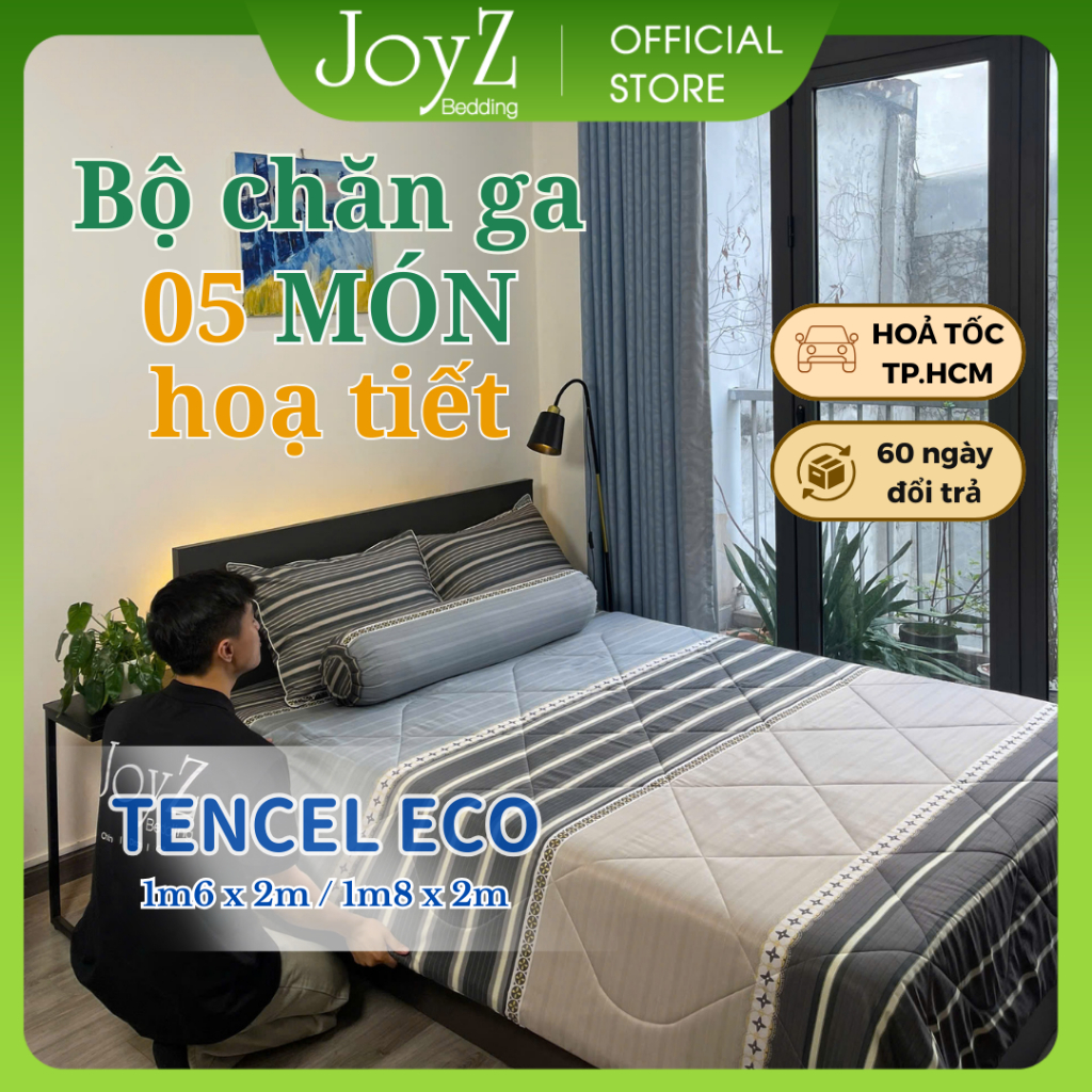 Bộ Chăn Ga Gối 5 Món JoyZ Bedding lụa Tencel Eco  Họa Tiết, Set Ga Trải Giường 1m6 x 2m 1m8 x 2m