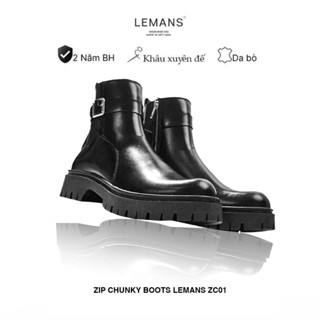 Giày Zip Chunky Boots Lemans nam - Giày Da bò nguyên tấm - Đế Chunky cao su đúc nguyên khối cao 5cm Bảo hành 24 tháng