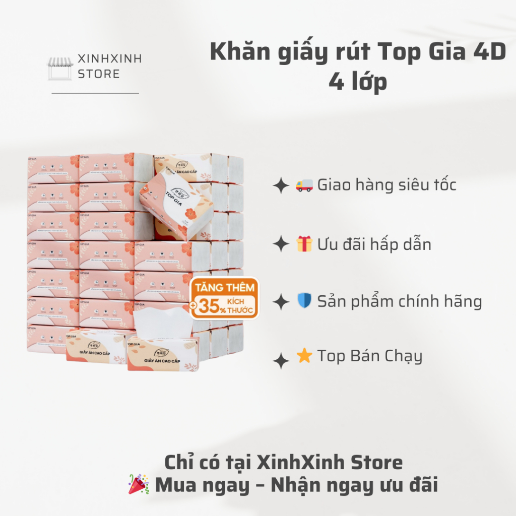 Giấy Ăn Rút TOP GIA Sắc Hạ – Thùng 30 Gói, 4 Lớp Dập Vân 4D, Khăn Giấy Cao Cấp
