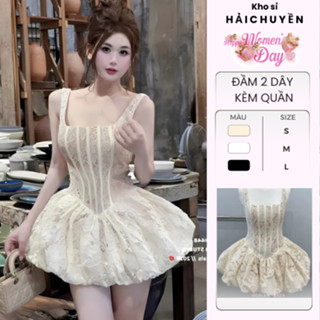[BST Mới] Đầm 2 dây ren form ngắn bí bồng KÈM QUẦN Kho sỉ Hải Chuyền Đ219