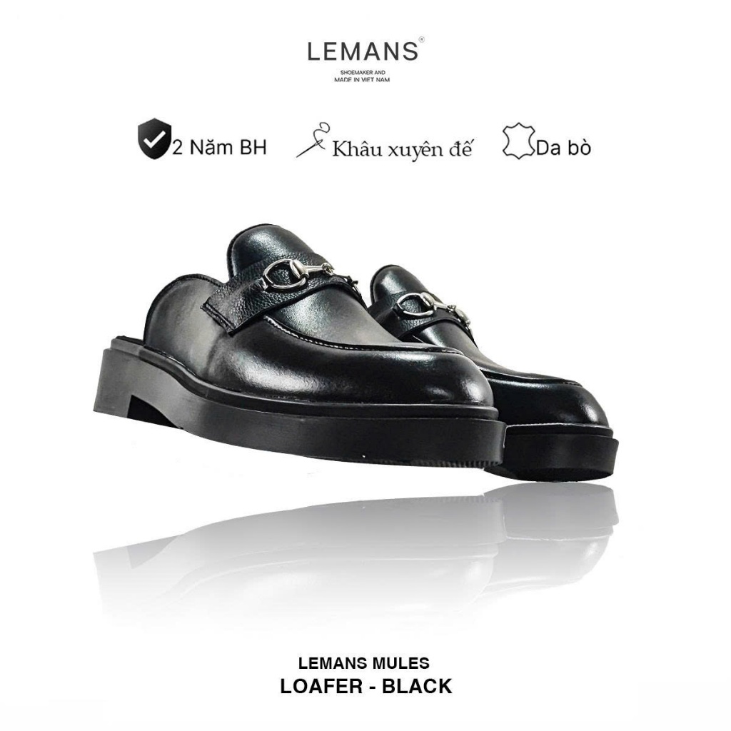 Giày Sục LEMANS Mules Loafer - Black. Da bò nguyên tấm - Đế khuôn độc quyền tăng cao 4cm - Bảo hành  24 Tháng