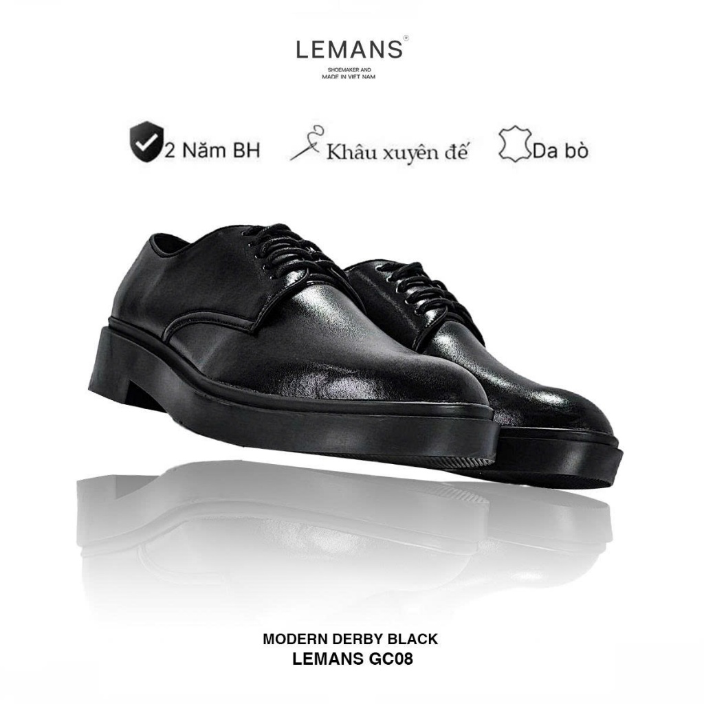 Giày derby nam Lemans màu đen GC08D - Da bò thuộc - Đế cao su đúc tăng cao 4cm - Bảo hành 24 tháng