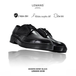 Giày da bò Modern Derby Black LEMANS GC08 - giày tây tăng chiều cao, giày công sở, giày buộc dây, bảo hành 24 tháng