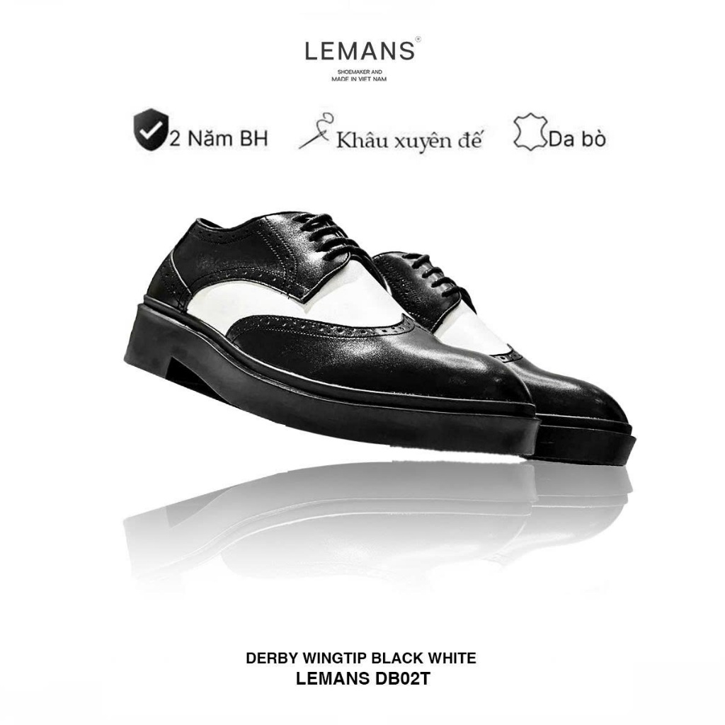 Giày da bò Derby Wingtip Black White LEMANS - đế tăng cao độc quyền, Bảo hành chính hãng 24 tháng