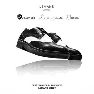 Giày da bò Derby Wingtip Black White LEMANS, Giày tây nam đế tăng cao độc quyền, Bảo hành chính hãng 24 tháng