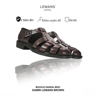 Dép Rọ Da bò Lemans nam - Buckle Sandal 3.BK01 - Brown Leather (Nâu Sẫm) - đế Mckay cao 2.2cm bảo hành chính hãng 24T