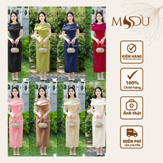  Váy Thiết Kế BST MDU5150 Lụa Twist Satin Màu Pastel Suông Dài Lệch Vai Hoa 3D Sang Trọng Từ MDU 