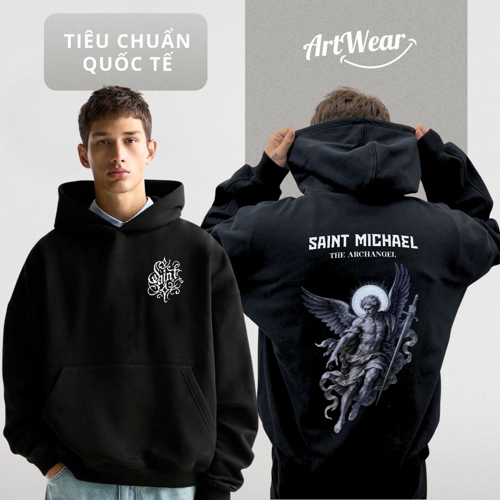Áo Hoodie "Saint Michael" nỉ bông ArtWear – Hoodie "Saint Michael" form rộng mũ to đen cao cấp