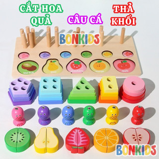  Đồ chơi gỗ montessori cho bé kết hợp bộ đồ chơi câu cá đồ chơi cắt hoa quả thả hình khối trụ gỗ Bon Kids 