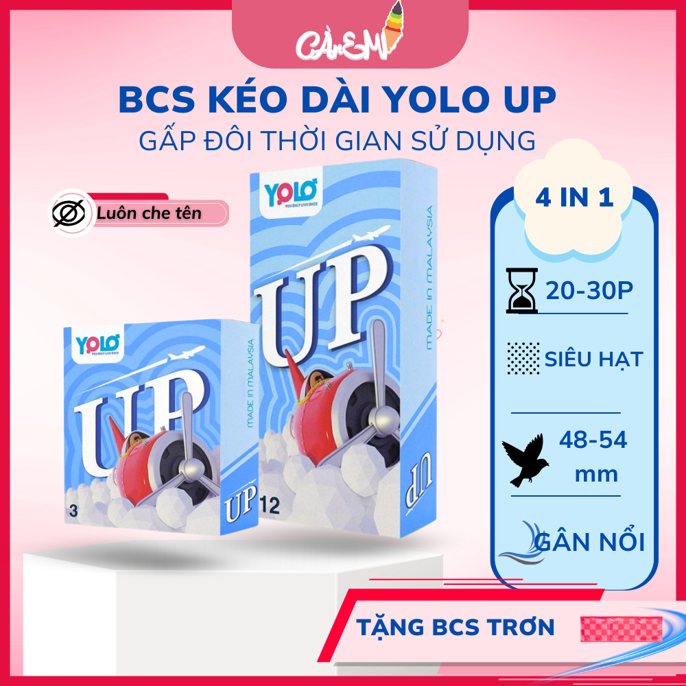 Bao cao su kéo dài thời gian YOLO UP, có gân gai, chống xuất tinh sớm. Sản xuất tại MALAYSIA