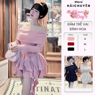 Đầm Trễ Vai Dài Tay Eo Đính Hoa Form Xòe Tầng Vạt Bèo Chất Vải Tăm Sang Chảnh Kho Sỉ Hải Chuyền