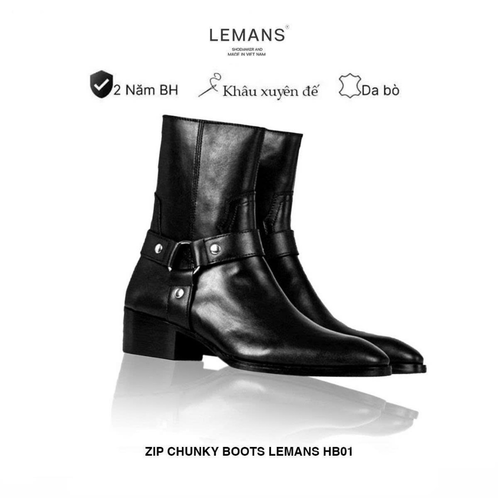 Giày da bò nguyên tấm Harness Boots Black LEMANS HB01 Gót vân Gỗ (Phíp) 6cm Đế cao su dập logo độc quyền Bảo hành 24T