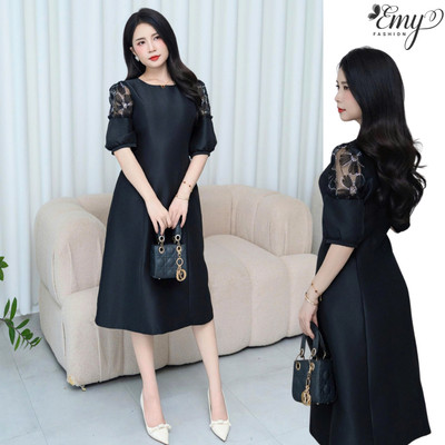 Đầm Phi Thun EM9642 Màu Đen Phối Ren Cổ Tròn Đi Tiệc