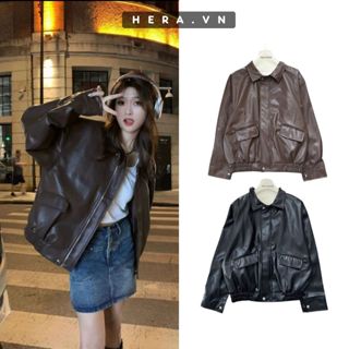  Áo Da Biker Túi Hộp 2 Lớp Hera Áo Bomber Da Bo Gấu Phong Cách Retro T204 