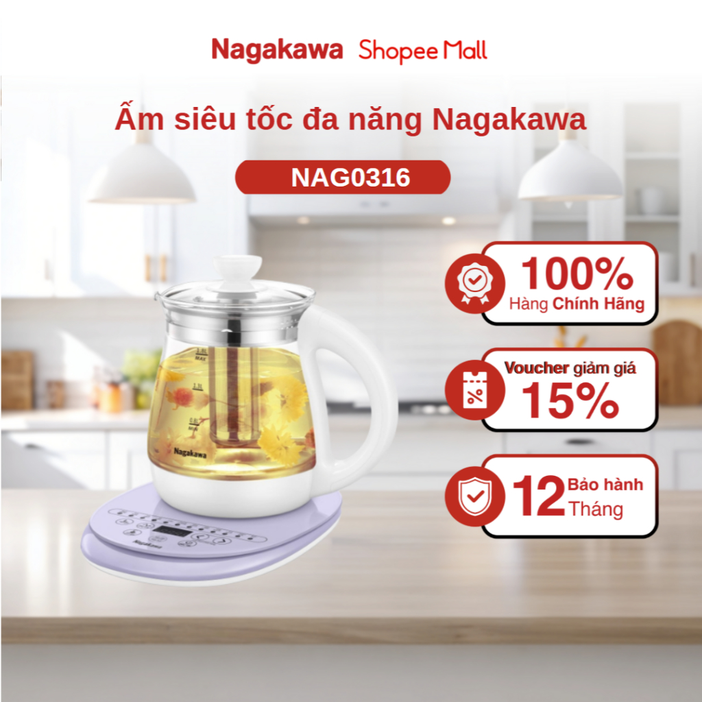 Ấm siêu tốc đa năng Nagakawa NAG0316, tích hợp 12 chức năng, điều khiển cảm ứng, bảo hành 12 tháng